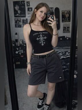 Quiksilver Pinstripe Shorts 26 Gray Skater Y2K Low Rise Grunge